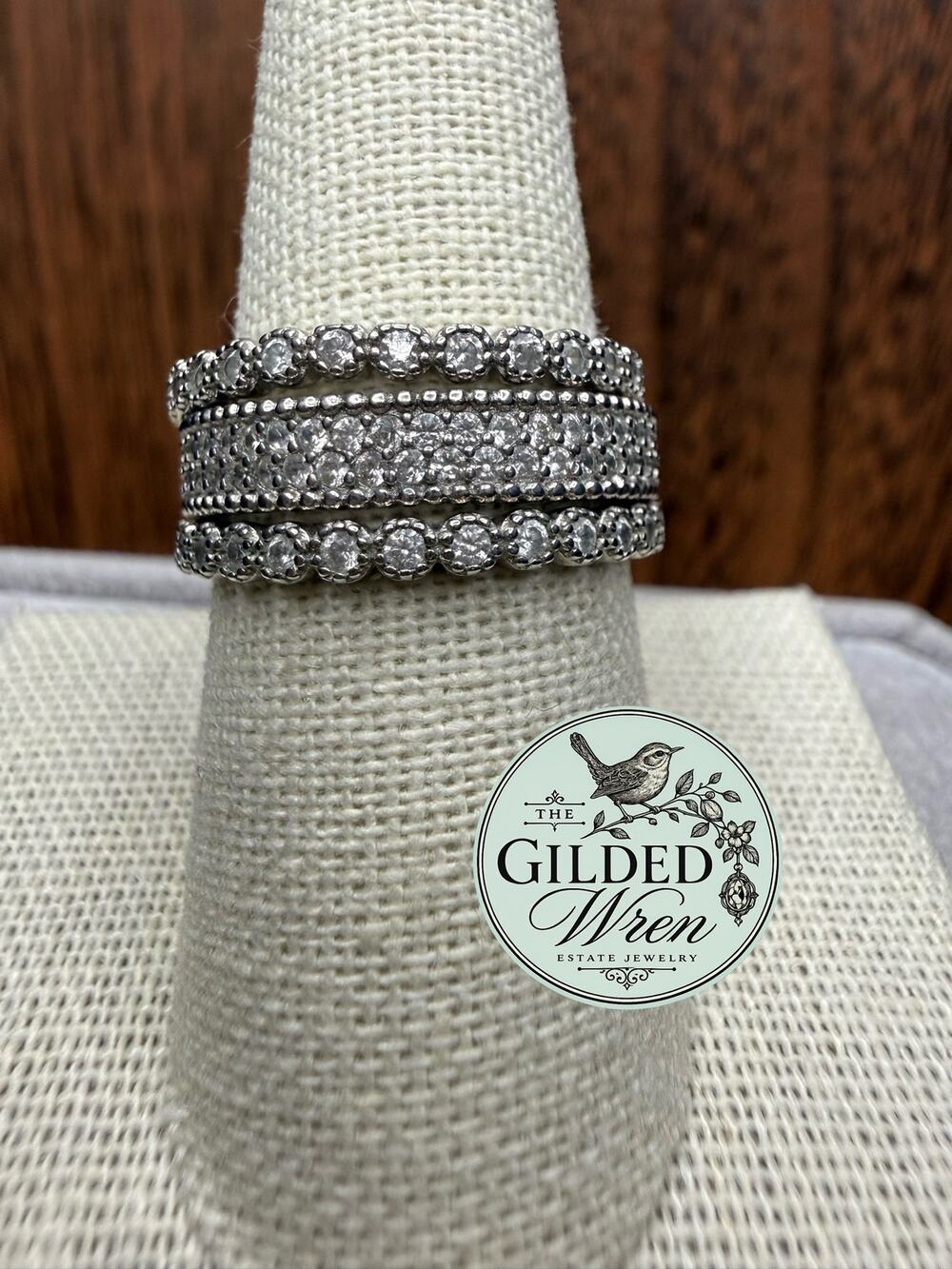 Sterling Silver 925 CZ 3 Ring Stackable Band Set Sizes 8.5 8.75 9 6.28g